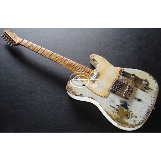 Masterbuilt Heavy Relic White Over Black Tele Electric Guitar Maple Neck & Fretboard, Tremolo Bridge, Vintage Tuners