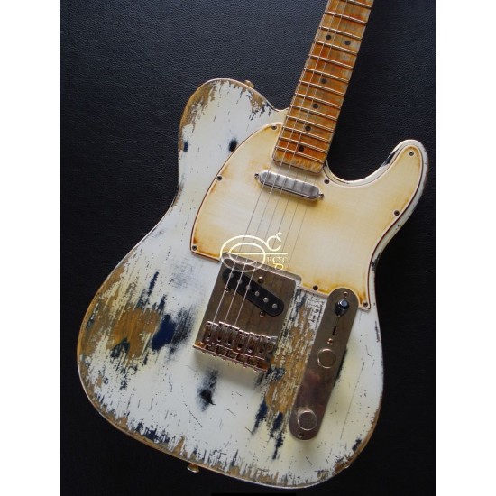 Masterbuilt Heavy Relic White Over Black Tele Electric Guitar Maple Neck & Fretboard, Tremolo Bridge, Vintage Tuners