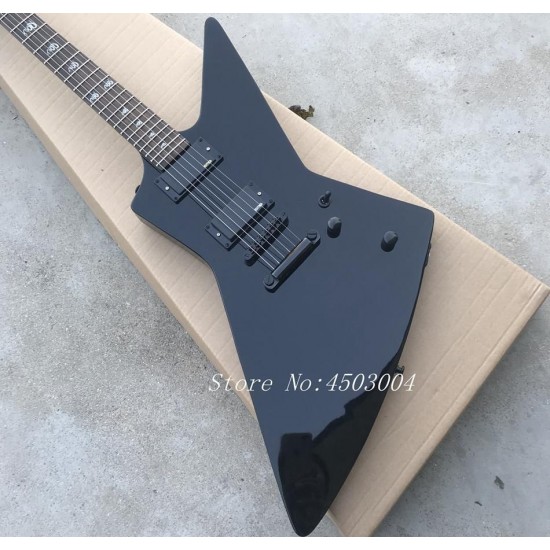 Rare Metallic James Hetfield Gloss Black Explorer Electric Guitar Active EMG Pickups & 9V Battery Box, Snake Inlay, Black Hardware