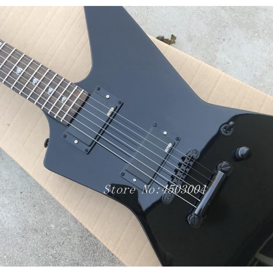 Rare Metallic James Hetfield Gloss Black Explorer Electric Guitar Active EMG Pickups & 9V Battery Box, Snake Inlay, Black Hardware