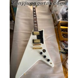 Moderne White 1958 Reissue Flying V Electric Guitar Boat paddle Gumby style headstock Dot Inlay Gold Hardware