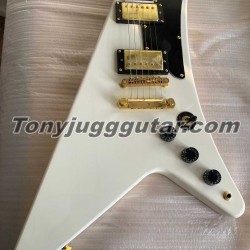 Moderne White 1958 Reissue Flying V Electric Guitar Boat paddle Gumby style headstock Dot Inlay Gold Hardware