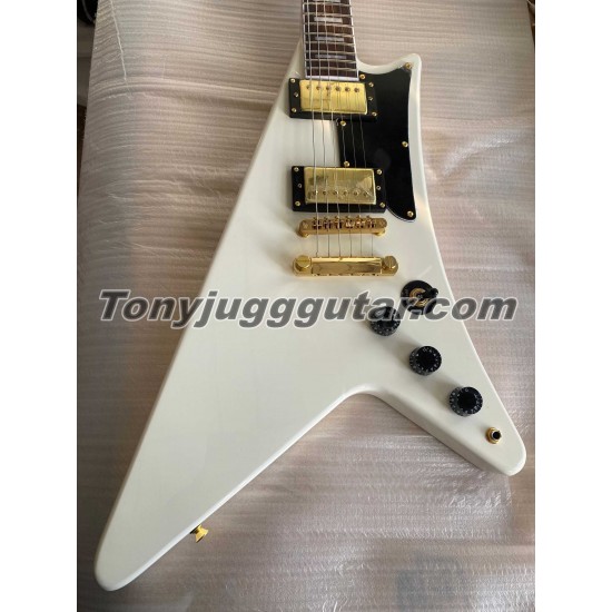 Moderne White 1958 Reissue Flying V Electric Guitar Boat paddle Gumby style headstock Dot Inlay Gold Hardware