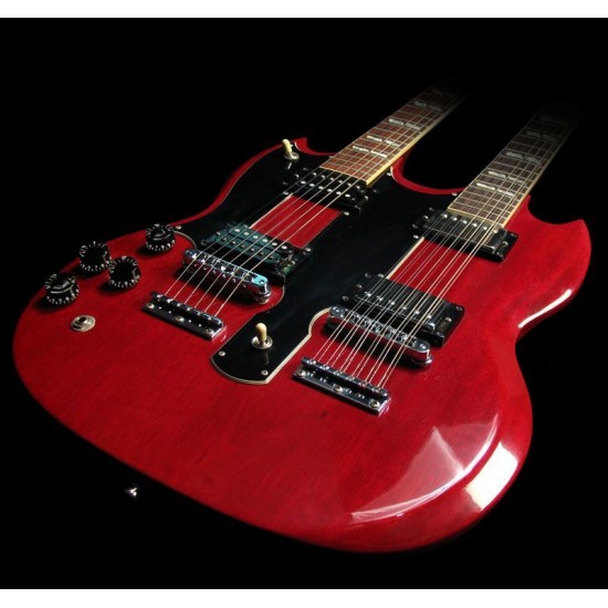 EDS 1275 Lefty Jimmy Page Led Zeppeli Red Double Neck Electric Guitar Left Handed 12+6 Strings SG Guitars, Claw Tailpiece, Split Parallelogram Inlays, Tuilp Tuners