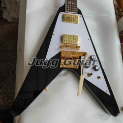 Custom Shop Jimi Hendrix Black Flyin V Electric Guitar Maestro Vibrato Tailpiece Tremolo Bridge, Gold Hardware, Tuilp Tuners Split Damond Inlay