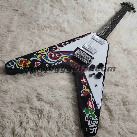 JimiHendrix Psychedelic Hand Painted Fly V Electric Guitar Floyd Rose Tremolo Bridge, Tuilp Tuners, Dot Inlay, White Pickguard