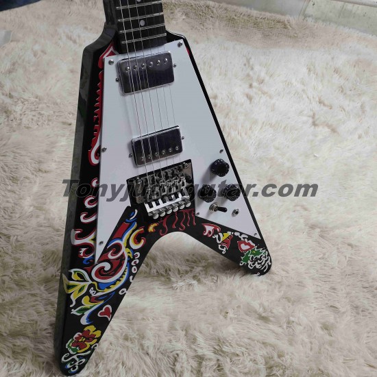 JimiHendrix Psychedelic Hand Painted Fly V Electric Guitar Floyd Rose Tremolo Bridge, Tuilp Tuners, Dot Inlay, White Pickguard