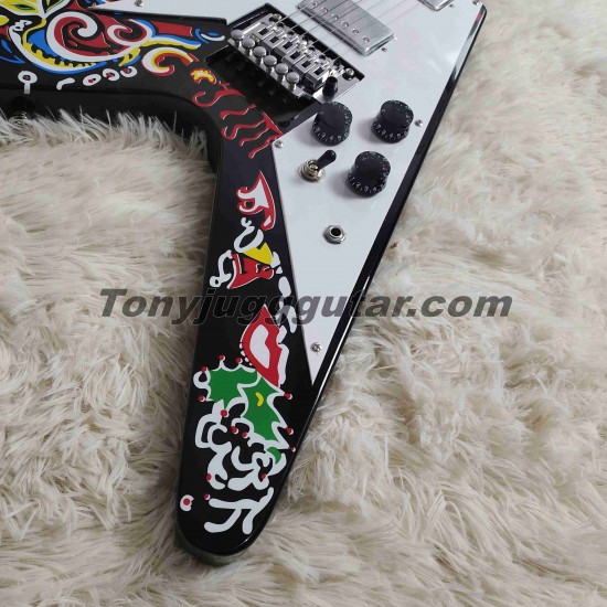 JimiHendrix Psychedelic Hand Painted Fly V Electric Guitar Floyd Rose Tremolo Bridge, Tuilp Tuners, Dot Inlay, White Pickguard