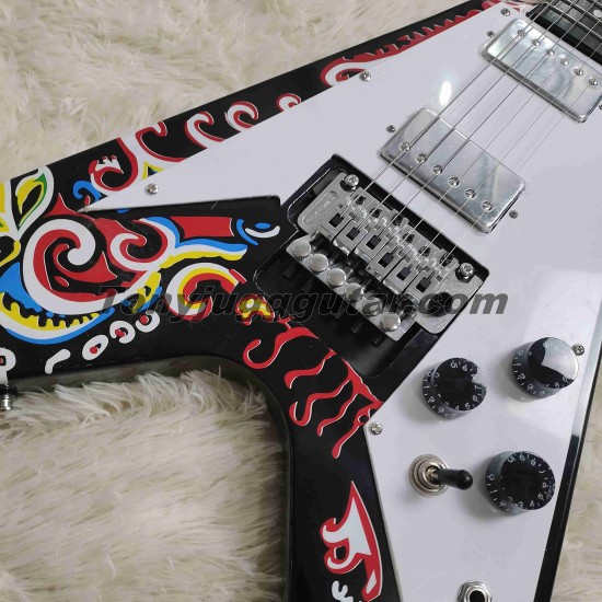 JimiHendrix Psychedelic Hand Painted Fly V Electric Guitar Floyd Rose Tremolo Bridge, Tuilp Tuners, Dot Inlay, White Pickguard