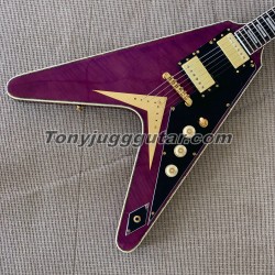 Purple Flame Maple Top FlyingV Electric Guitar Black Pickguard, Gold Hardware, White MOP Block Inlay, Grover Tuners