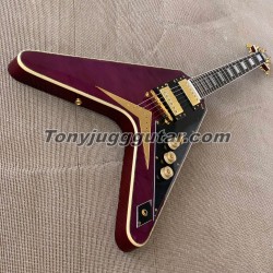 Purple Flame Maple Top FlyingV Electric Guitar Black Pickguard, Gold Hardware, White MOP Block Inlay, Grover Tuners