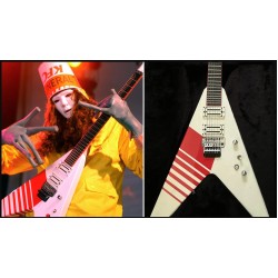 Jack Son Buckethead KFC Flying V White Electirc Guitar Red KFC Stripes, Floyd Rose Tremolo System, Red Fingeroard Binding, Red Kill Switch, Chrome Hardware