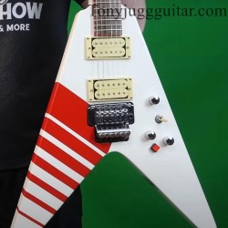 Jack Son Buckethead KFC Flying V White Electirc Guitar Red KFC Stripes, Floyd Rose Tremolo System, Red Fingeroard Binding, Red Kill Switch, Chrome Hardware