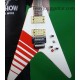 Jack Son Buckethead KFC Flying V White Electirc Guitar Red KFC Stripes, Floyd Rose Tremolo System, Red Fingeroard Binding, Red Kill Switch, Chrome Hardware