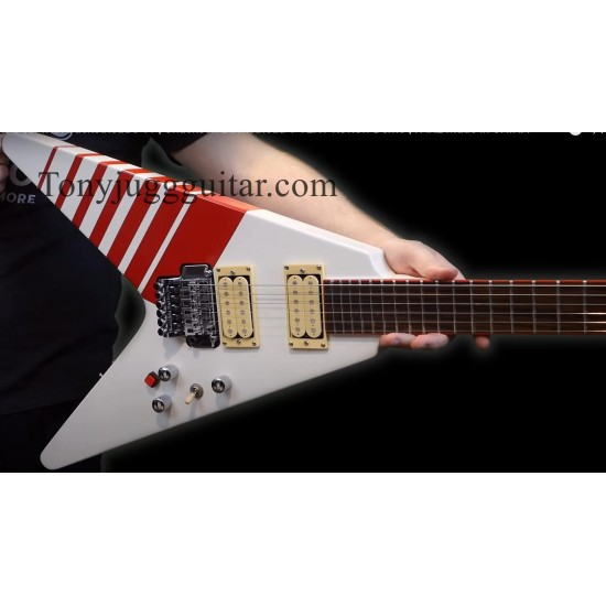 Jack Son Buckethead KFC Flying V White Electirc Guitar Red KFC Stripes, Floyd Rose Tremolo System, Red Fingeroard Binding, Red Kill Switch, Chrome Hardware