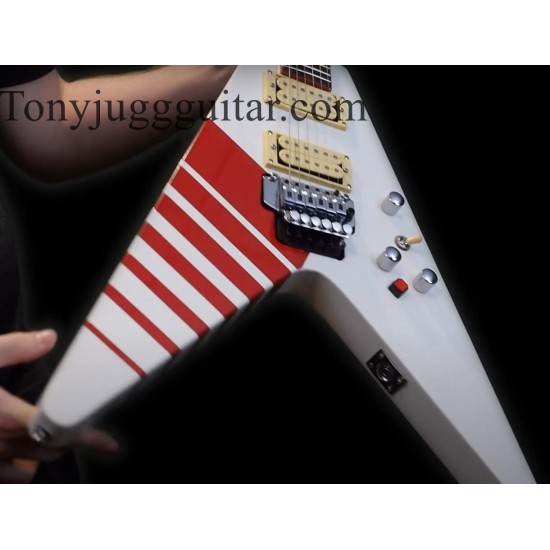 Jack Son Buckethead KFC Flying V White Electirc Guitar Red KFC Stripes, Floyd Rose Tremolo System, Red Fingeroard Binding, Red Kill Switch, Chrome Hardware