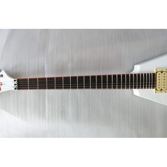 Jack Son Buckethead KFC Flying V White Electirc Guitar Red KFC Stripes, Floyd Rose Tremolo System, Red Fingeroard Binding, Red Kill Switch, Chrome Hardware