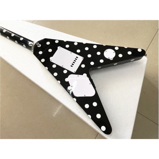 Custom Randy Rhoads Polka Dot Fly V Black & White Dot Electric Guitar Tremolo Bridge Chrome Hardware