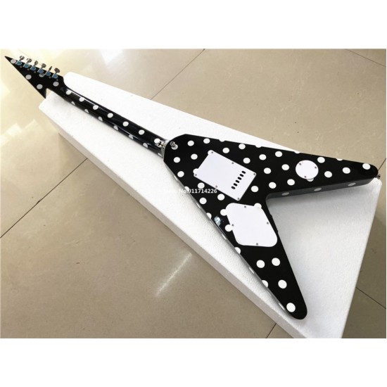 Custom Randy Rhoads Polka Dot Fly V Black & White Dot Electric Guitar Tremolo Bridge Chrome Hardware