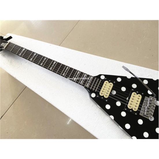 Custom Randy Rhoads Polka Dot Fly V Black & White Dot Electric Guitar Tremolo Bridge Chrome Hardware