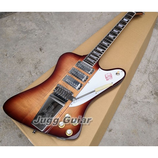 Fire bird VII Vintage Sunburst Brown Flamed Maple Electric Guitar Long Verson Maestro Vibrola Tailpiece, Tremolo Bridge, Mini Pickups, Grover Tuners, Chrome Hardware