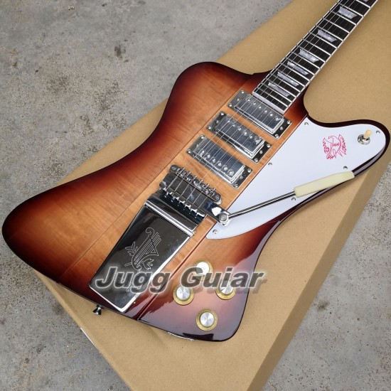 Fire bird VII Vintage Sunburst Brown Flamed Maple Electric Guitar Long Verson Maestro Vibrola Tailpiece, Tremolo Bridge, Mini Pickups, Grover Tuners, Chrome Hardware