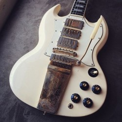 Rare 1968 Jimi Hendrix SG Polaris White Double Cutaway Electric Guitar Long Version Maestro Vibrola Tremolo Bridge, Gold Hardware, 3 Pickups