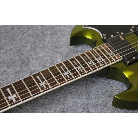 Custom Shop Tony Lommi SG Metallic Green Electric Guitar Floyd Rose Tremolo Bridge EMG Pickups Iron Cross Pearl Fingerboard Inlay