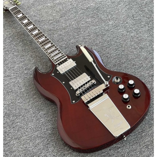 Custom Shop Angus Young Wine Cherry Red SG Electric Guitar Engraved Lyre Long Vibrola Maestro tremolo, Pearl trapezoid inlay, Tuilp Tuners