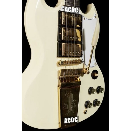 1963 SG Custom Classic White Electric Guitar Long Version Maestro Vibrola Tremolo Tailpiece & Harpe Logo, 3 Humbucker Pickup, Gold Hardware