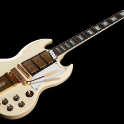 1963 SG Custom Classic White Electric Guitar Long Version Maestro Vibrola Tremolo Tailpiece & Harpe Logo, 3 Humbucker Pickup, Gold Hardware