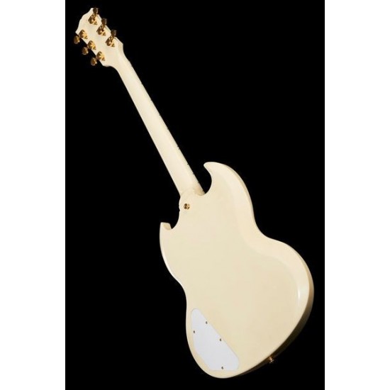 1963 SG Custom Classic White Electric Guitar Long Version Maestro Vibrola Tremolo Tailpiece & Harpe Logo, 3 Humbucker Pickup, Gold Hardware