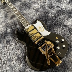 Custom Double Cutaway Gloss Black SG Electric Guitar 3 Humbuckers Pickups, Bigs Tremolo Bridge, Gold Hardware, Star Logo White Pickguard, Grover Tuners