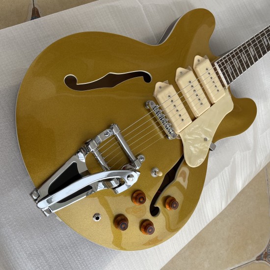 John Lennon Casino Gold Top Jazz Electric Guitar Semi Hollow Body, Double F Holes, Bigs Tremolo Tailpiece, White P90 Pickups