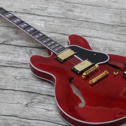 ES 345 Trans Red Semi Hollow Body Jazz Electric Guitar 5 Way Varitone Switch, Double F Holes, Black Pickguard, Pearl Split parallelogram Inlay, Tuilp Tuners, Gold Hardware