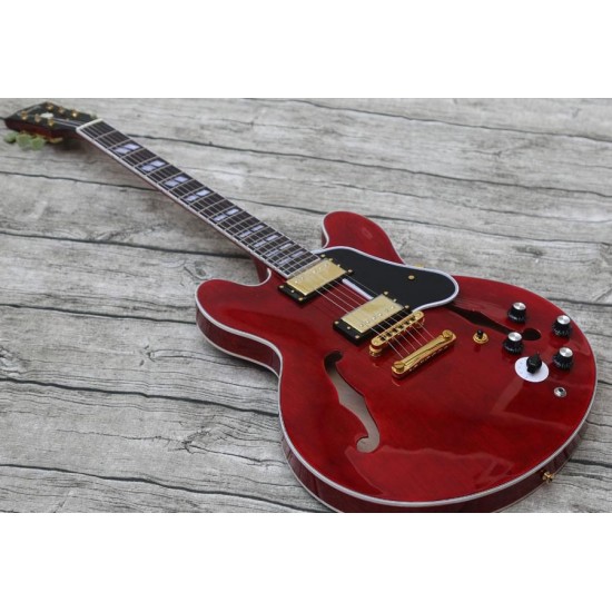 ES 345 Trans Red Semi Hollow Body Jazz Electric Guitar 5 Way Varitone Switch, Double F Holes, Black Pickguard, Pearl Split parallelogram Inlay, Tuilp Tuners, Gold Hardware