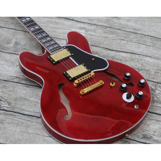 ES 345 Trans Red Semi Hollow Body Jazz Electric Guitar 5 Way Varitone Switch, Double F Holes, Black Pickguard, Pearl Split parallelogram Inlay, Tuilp Tuners, Gold Hardware