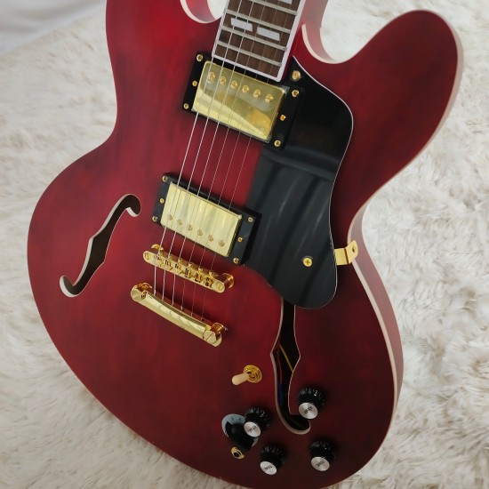 Custom 345 Trans Red Semi Hollow Body Jazz Electric Guitar 5 Way Varitone Switch, Double F Holes, Black Pickguard, Pearl Split parallelogram Inlay, Tuilp Tuners