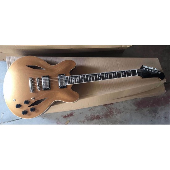 Dave Grohl DG 335 Metallic Gold Semi Hollow Body Jazz Electric Guitar Dual Diamond Holes, Split Diamond Inlay, Grover Tuners