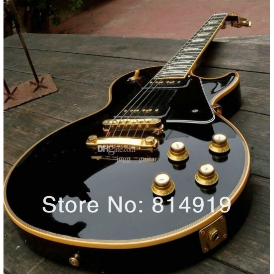 Custom 1958 Black P90 Pickups Black Beauty Electric Guitar Ebony Fingerboard, Yellow 5 Ply Binding, Black Pickguard, White Pearl Block Inlay, Gold Hardware