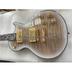 Limited Run Crimson Ice Gray Figured Maple Top Electric Guitar 3 Piece Flame Maple Neck, Fire Abalone Inlay, Grover Imperial Tuners, Gold Hardware