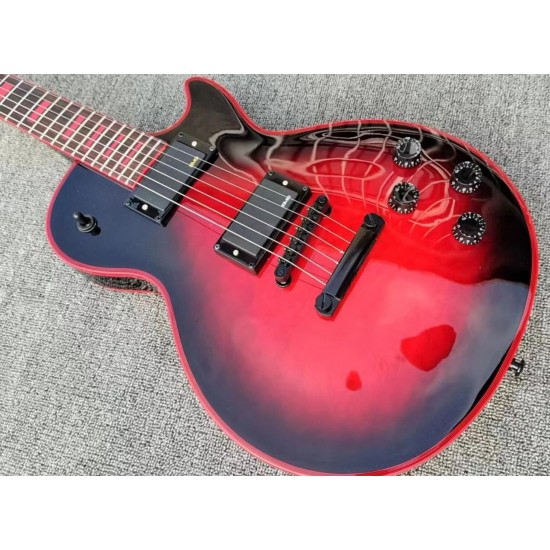 Rare Quilted Maple Top Red Widow Burst Electric Guitar Red Binding, Red Inlay, Red Logo, China EMG Pickups, Black Hardware, Spider Serial Number