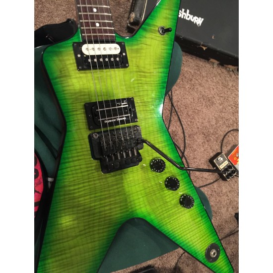 Wash Dimebag Darrell 333 Dimeslime Green Flame Maple Top Electric Guitar Black Binding, Floyd Rose Tremolo Bridge & Whammy Bar