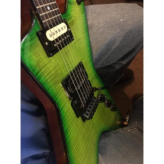 Wash Dimebag Darrell 333 Dimeslime Green Flame Maple Top Electric Guitar Black Binding, Floyd Rose Tremolo Bridge & Whammy Bar