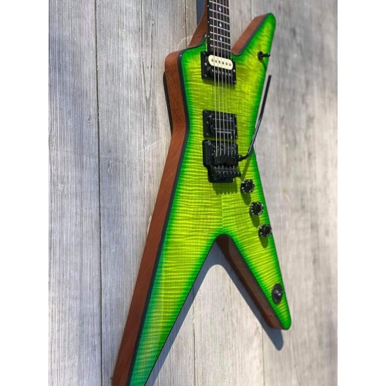 Wash Dimebag Darrell 333 Dimeslime Green Flame Maple Top Electric Guitar Black Binding, Floyd Rose Tremolo Bridge & Whammy Bar