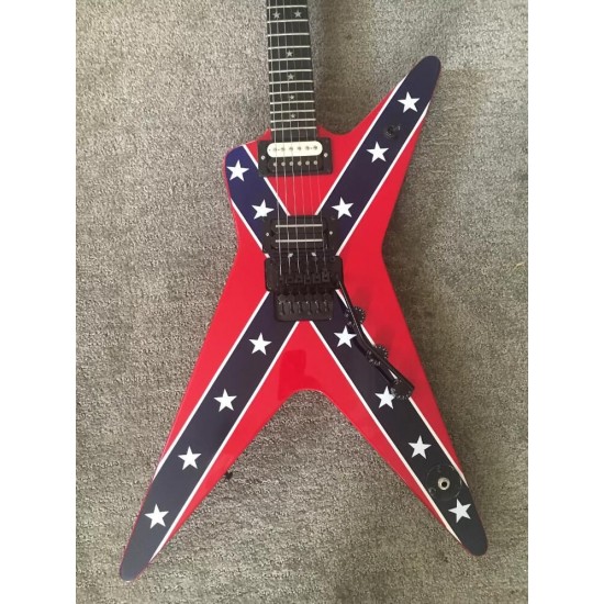 Rare Shaped Guitar Wash Dime 333 Dimebag Darrell Signature Rebel Confederate Flag Red Electric Guitar Floyd Rose Tremolo, Black Hardware