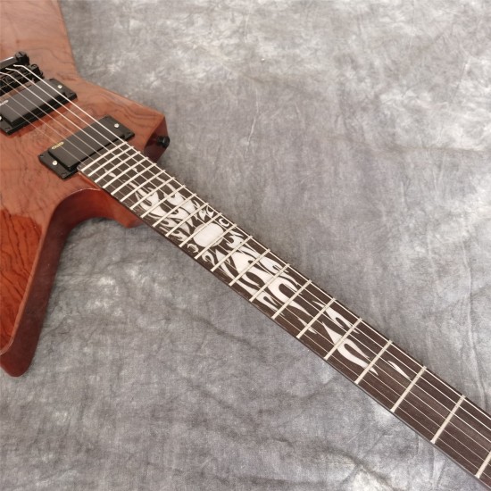 Custom Shop James Hetfield Kenneth Lawrence Brown Explorer Electric Guitar Mahogany Body, Quilted Bubinga Top, Sun Ray Inlay, Black Hardware