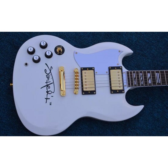 Left Handed Custom Shop Signature White Supre SG Electric Guitar White Pearl Split Block Fingerboard Inlay, Gold hardware, White Pickguard