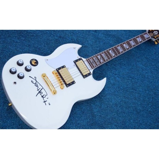 Left Handed Custom Shop Signature White Supre SG Electric Guitar White Pearl Split Block Fingerboard Inlay, Gold hardware, White Pickguard