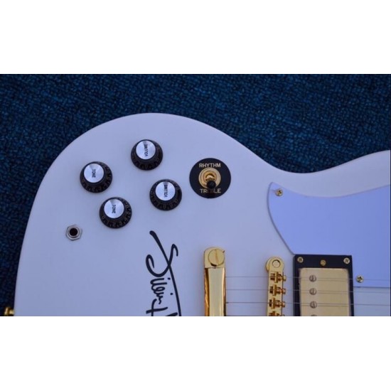 Left Handed Custom Shop Signature White Supre SG Electric Guitar White Pearl Split Block Fingerboard Inlay, Gold hardware, White Pickguard